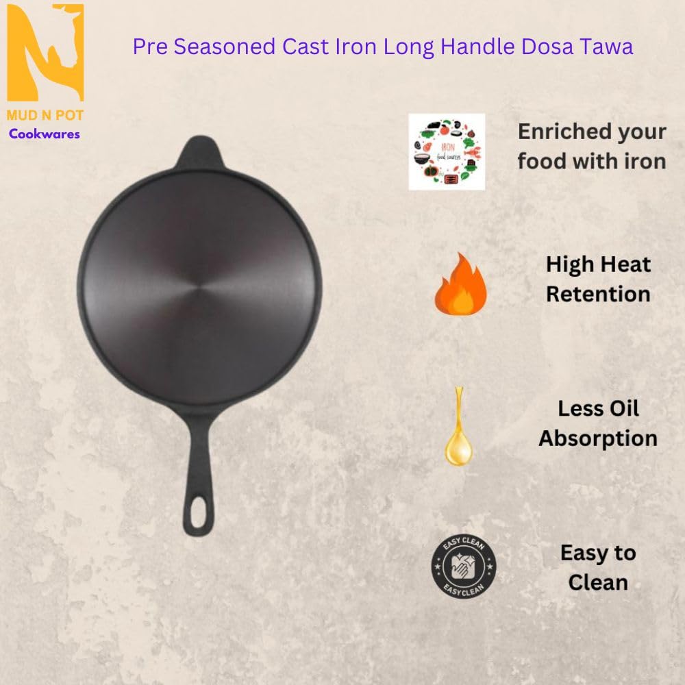 10.5-inch long-handle cast iron dosa tawa product view